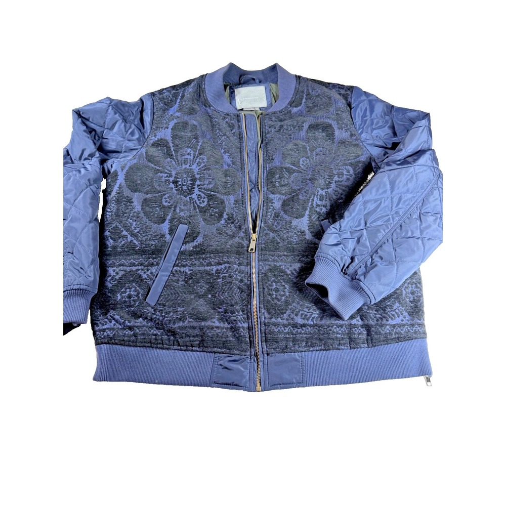 Anthropologie Womens XL Navy Jacquard Bomber Jacket Quilted Sleeve Side Zip